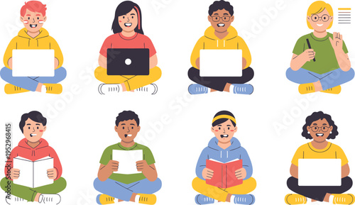 Group of seated young students holding laptops or reading books with.