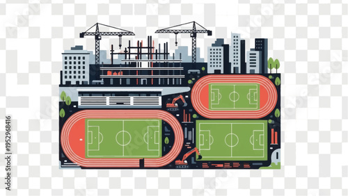Urban Infrastructure Development: Vector Illustration of Construction Site, Cranes, Skyscrapers, and Integrated Sports Stadiums and Running Tracks.
