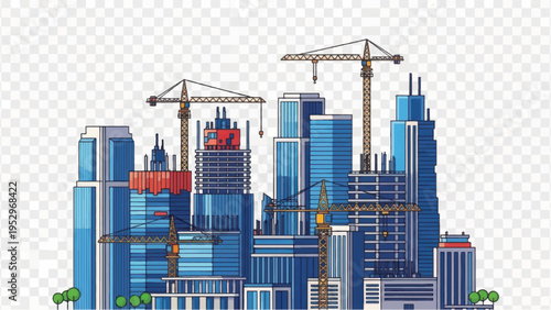 Cityscape Construction Vector Illustration. Modern Skyscrapers Being Built with Multiple Tower Cranes, Representing Urban Development and Progress.