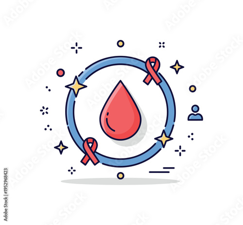 Blood awareness campaign concept showing a single drop framed by a circular ribbon shape and tiny supportive star elements. The composition