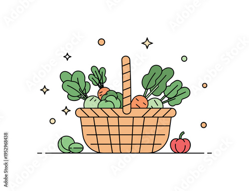 Organic vegetable basket concept illustrated by a woven basket filled with leafy greens and root vegetables, expressing wholesome nutrition and sustainable