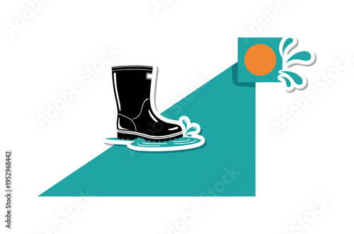 Black and white child?s rain boot standing beside a shallow puddle, sticker-style white contour around the boot, bold teal diagonal block cutting across the