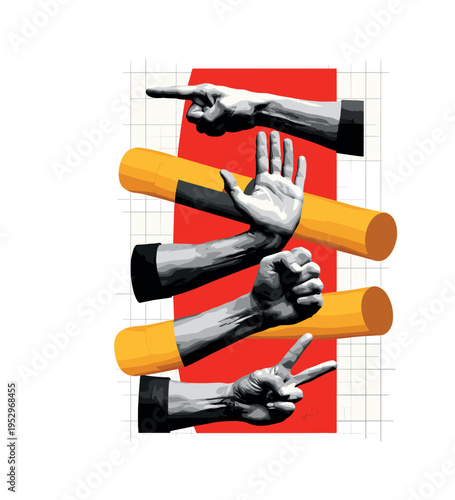 Stacked black-and-white forearms arranged vertically like a totem, each hand forming a different expressive pose (pointing, open palm, fist, peace sign), large