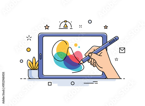 Digital creation concept showing a tablet screen with a stylus drawing a colorful abstract shape. The scene communicates modern design, digital artistry, and