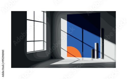 Black and white interior wall with rectangular window light casting long shadows, large deep blue rectangle echoing the window shape, bright orange semicircle
