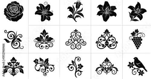 Black floral and vine ornamental and motifs white flower rose