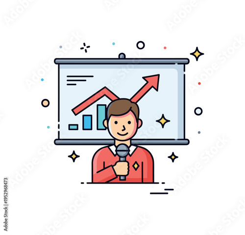 Keynote presentation moment featuring a central speaker with a microphone and a minimal projection screen behind displaying an upward arrow chart symbolizing