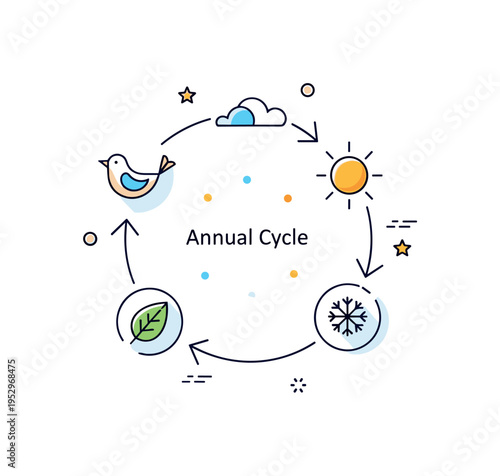 Migratory birds seasonal cycle diagram concept with a circular arrow surrounding small icons of bird, sun, leaf, and snowflake, symbolizing annual movement