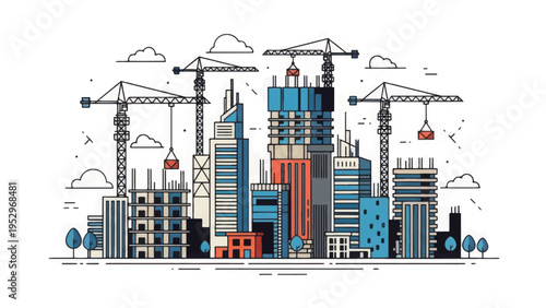 Vector Illustration of City Construction Site with Tower Cranes and Modern Skyscrapers. Urban Development and Progress Concept.