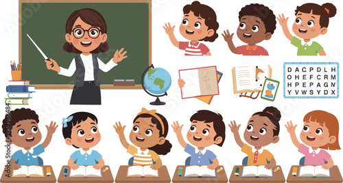 Primary school teacher gestures toward blackboard with excited young.