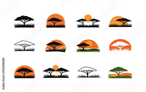 savannah grasslands. Icon set. Set Logo of savannah grasslands: tall grass horizon. harmonious logo variations of the same emblematic concept, each with