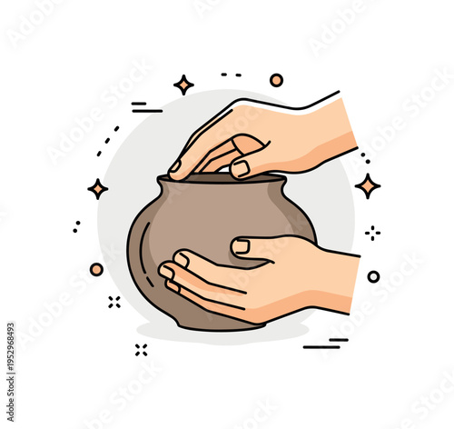 Hands shaping clay concept showing two simplified hands forming a rounded pot shape. The image conveys craftsmanship, tactile creativity, and making something