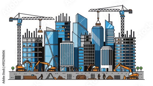 Modern City Construction Sketch Illustration. Urban Development Skyline with Cranes and Machinery.