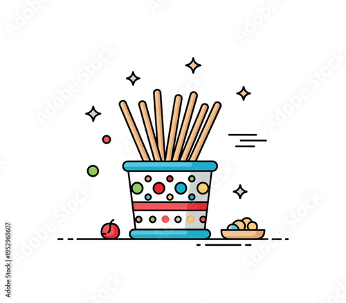 Decorative toothpick jar small patterned container with colorful accents and wooden sticks arranged like a bouquet, adding playful character to a dining scene.