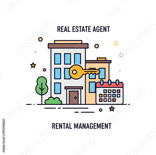 Real estate agent rental management theme featuring a compact apartment building icon with a small key and calendar accent, symbolizing leasing, scheduling and