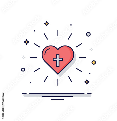 Compassion and mercy teaching concept featuring a heart icon encircled by soft light rays with a small cross at the center, symbolizing love, grace, and