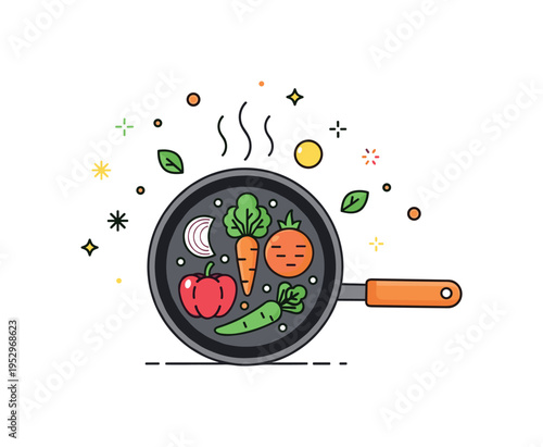 Healthy cooking in frying pan visualized through colorful vegetables arranged inside the pan, expressing balanced nutrition and fresh ingredients. Tiny leaf