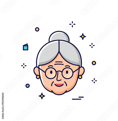 Elderly grandmother portrait icon centered on a friendly face with glasses and a soft smile, expressing kindness, dignity, and approachable character. A clean