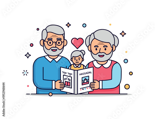 Family heritage storytelling grandparents and child sharing one Haggadah with subtle heart accent and festive detail elements, emphasizing continuity, memory,