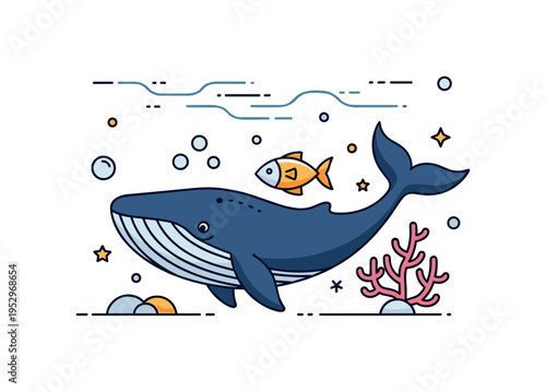 Ocean fauna diversity represented by a stylized whale accompanied by a small fish and coral branch, highlighting richness of marine ecosystems. A cohesive