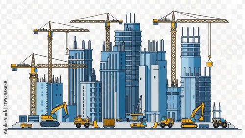 Vector Illustration of Urban Construction Site Skyline. Building Skyscrapers, Tower Cranes, and City Development Concept.