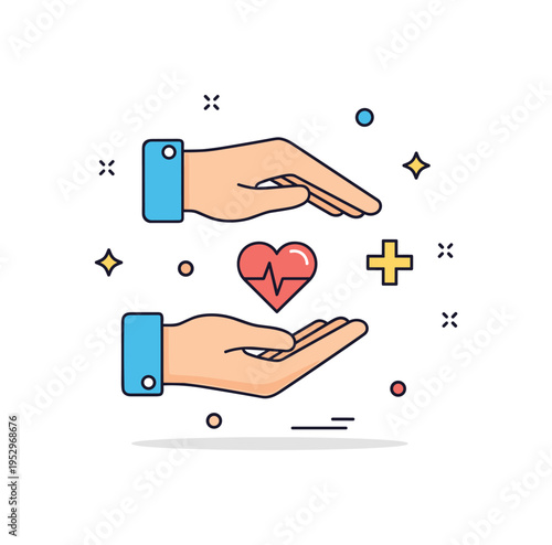 Mental health first aid supportive hands gently holding a small heart icon with a subtle plus sign nearby, expressing compassion, early intervention and