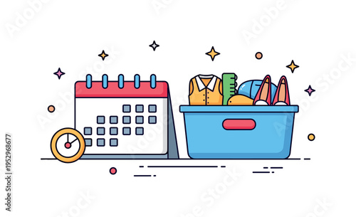 Wardrobe refresh and storage planning theme represented by a calendar icon beside a neatly packed accessory bin. The scene communicates routine maintenance,