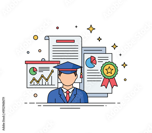 Research fellowship program featuring a scholar figure beside a small chart and document symbolizing expertise and analytical skills development. Subtle star