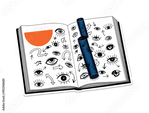 Black and white open sketchbook with chaotic doodles of eyes and arrows, vivid orange semicircle anchoring the top corner, deep navy cylinder shape