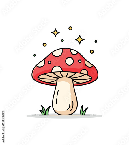 Fairy tale mushroom design illustrated with a whimsical spotted cap and small star accents above, conveying magical woodland imagination while keeping a clean