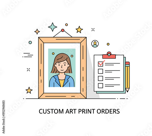 Custom art print orders concept centered on a framed illustration paired with a small checklist and pencil icon, expressing personalization, commission work,