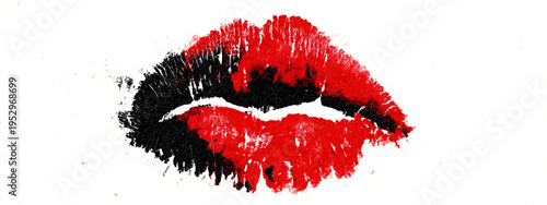 A vibrant red and black lipstick kiss mark imprinted on a white surface, symbolizing passion and allure