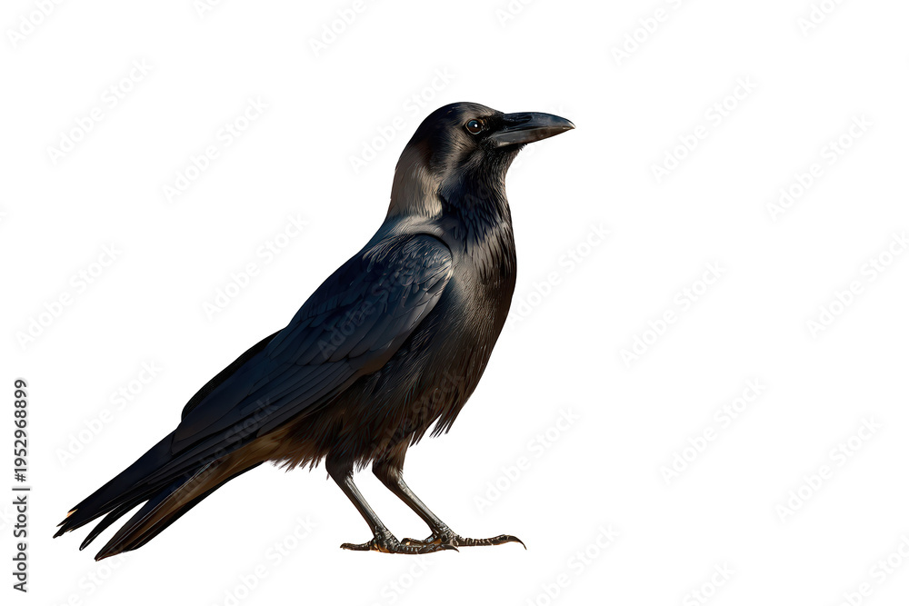 Obraz premium Black bird standing on transparent background, corvus splendens crow watching, full body profile view