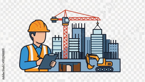 Construction Engineer Overseeing Building Site Development. Doodle Illustration of Worker, Crane, and Urban Architecture Project Management.