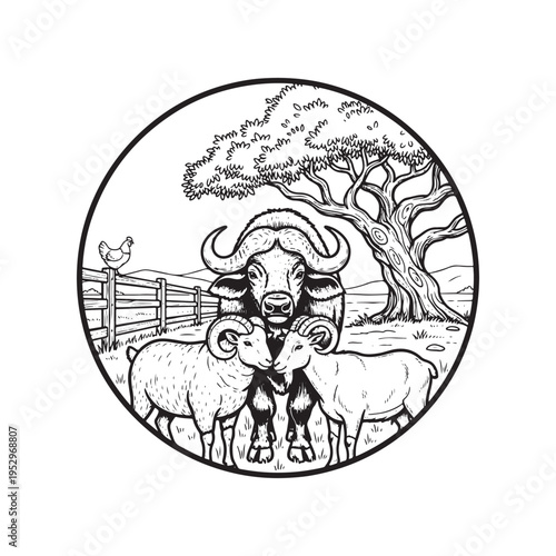 Water Buffalo, Sheep, Chicken Farm Animals Vintage Line Art Illustration