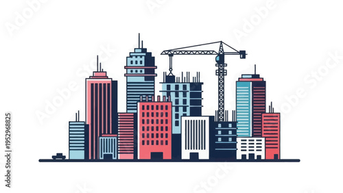 Hand Drawn Cityscape Skyline Vector Illustration with Skyscrapers, High-Rises, and Active Construction Crane