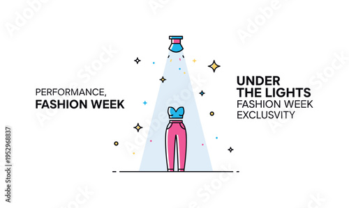 Glittering fashion runway spotlight moment centered on a sleek outfit silhouette illuminated by a focused beam and tiny shimmer accents, expressing