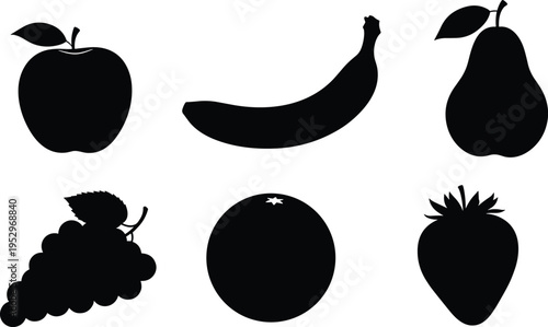 Fruit icon set silhouettes, apple banana pear grape orange strawberry shapes, fresh organic food symbols, minimalist vector design isolated on white