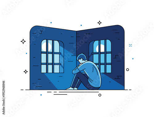 Nighttime prison cell illuminated by moonlight through barred windows symbolizing solitude and introspection. Cool blue accents and soft glow create a quiet