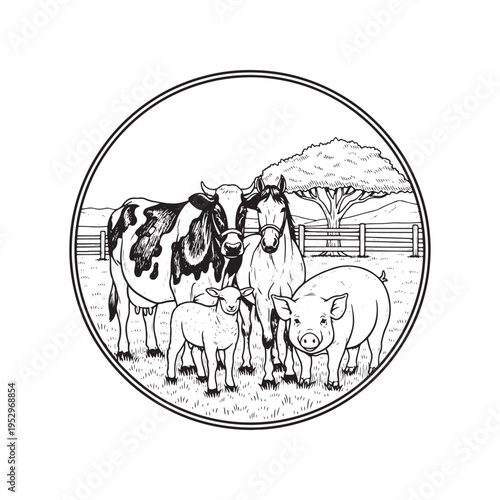 Farm Animals Circle Logo Hand Drawn Vintage Engraving Style Illustration
