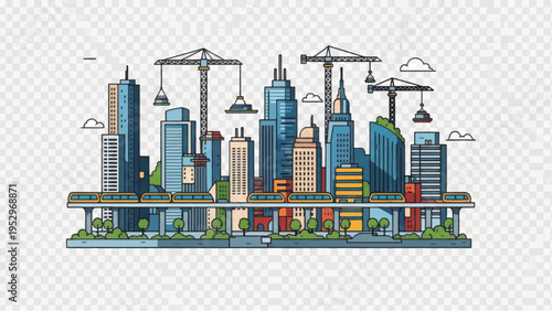 Hand Drawn City Skyline Illustration with Construction Cranes, Skyscrapers, and Elevated Train. Urban Development Sketch Style Vector.