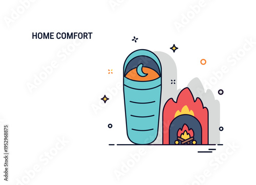 Home comfort concept with a sleeping bag positioned close to a glowing fireplace symbolizing shelter and contentment. Rounded flame shapes and soft shadow