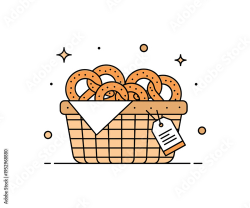 Bakery counter pretzel basket depicted with a woven container filled with warm pretzels and a small price tag detail, expressing artisanal shop atmosphere.