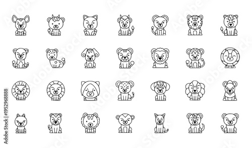 Minimal cartoon animal outline icon set black and white vector collection for kids education and design