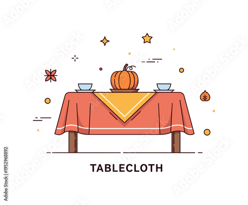 Tablecloth seasonal autumn theme illustrated by a table with warm toned cloth and a small pumpkin centerpiece, symbolizing harvest gatherings and