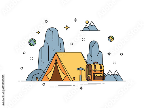 Field camp life of a geologist illustrated by a small tent set near rock formations with a backpack and hammer placed outside, expressing adventure and