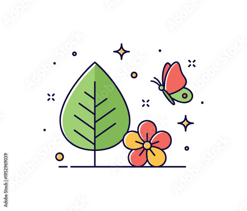 Tropical biodiversity symbol combining a leaf, a small butterfly, and a subtle flower icon arranged in a tight balanced layout. The image conveys ecosystem