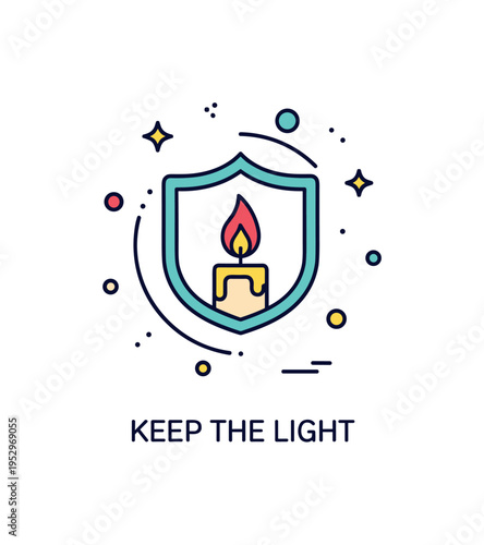 Candle flame symbol of hope concept showing a small bright flame inside a circular shield shape, expressing resilience and optimism during challenging times.