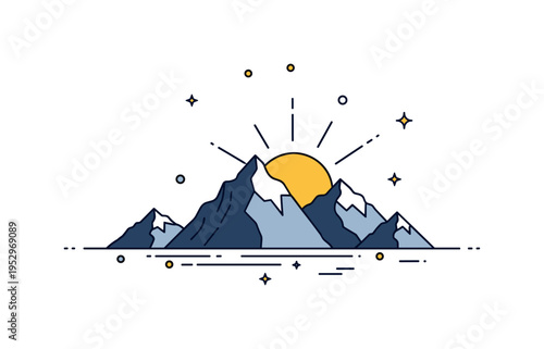 Bright horizon mountain outlook featuring minimal peak silhouettes with a luminous sun rising behind them, symbolizing achievement, resilience and the reward