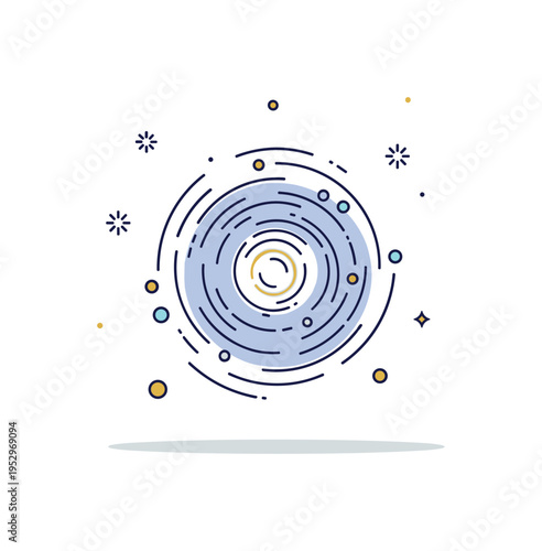 Energy vortex spiral swirl surrounding a luminous core with gentle motion lines, expressing transformation and infinite cosmic movement. Minimalist flat vector